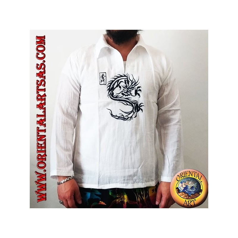 Camisa kaftan de manga larga con bordado de dragón japonés y cuello en V con cuello (L)