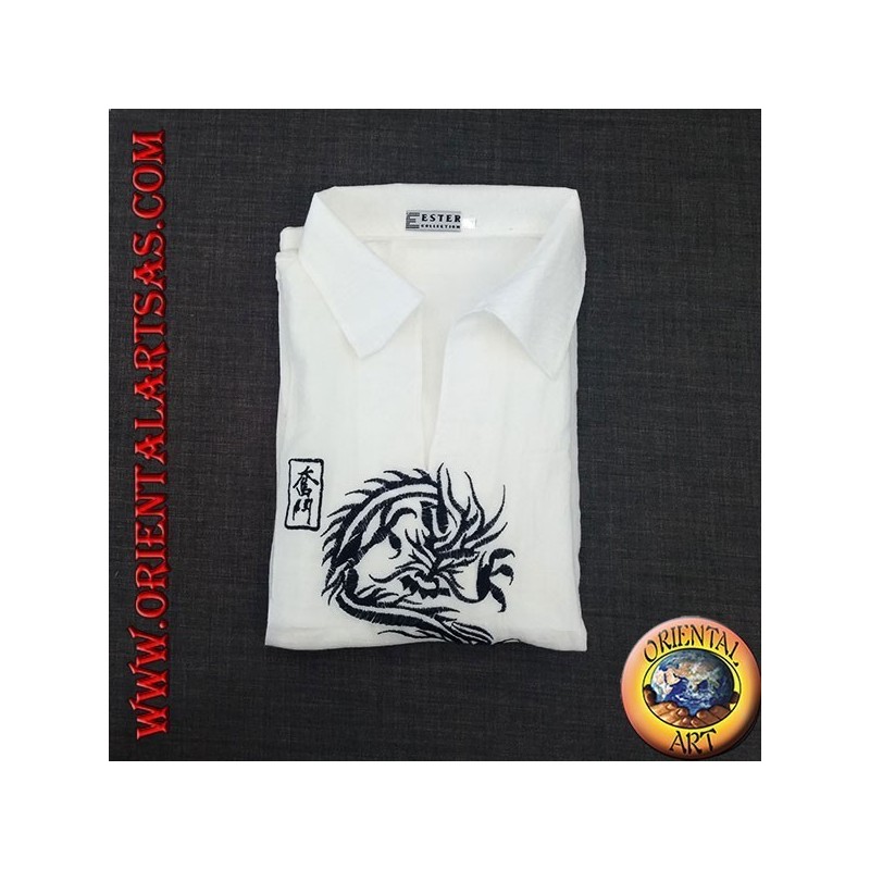 Maglia caftano a maniche lunghe con ricamo del drago giapponese e scollo a V con colletto (L)