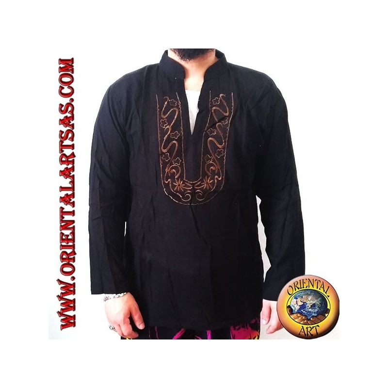 Pull kaftan à manches longues avec broderie et col en V avec col coréen (L)