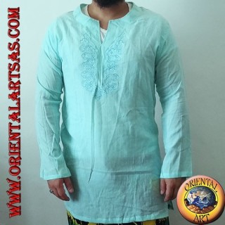 Camisa kaftan de manga larga con bordado y cuello en V con cuello azul claro coreano (L)
