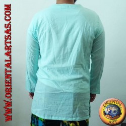 Chemise kaftan à manches longues avec broderie et col en V avec col bleu clair coréen (L)