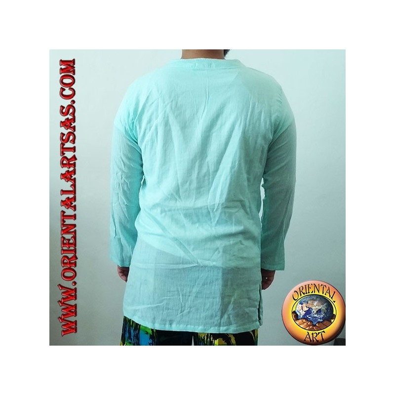 Chemise kaftan à manches longues avec broderie et col en V avec col bleu clair coréen (L)