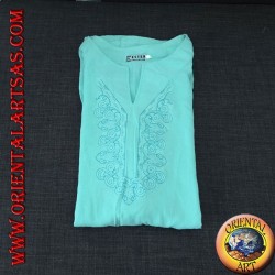 Chemise kaftan à manches longues avec broderie et col en V avec col bleu clair coréen (L)