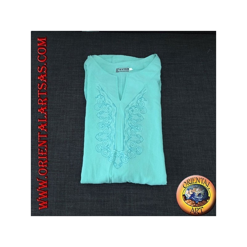 Long-sleeved kaftan shirt with embroidery and V-neck with Korean light blue collar (L)