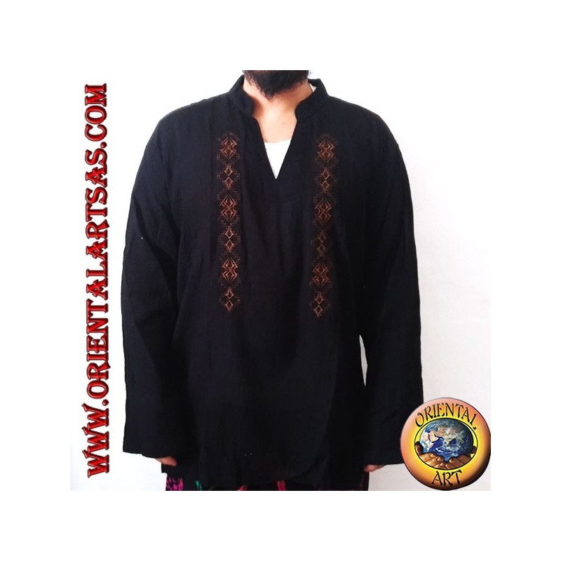 Long-sleeved kaftan shirt with embroidery and V-neck with Korean collar (XL)