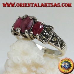 Silver ring with three natural oval rubies set and marcasite on the sides