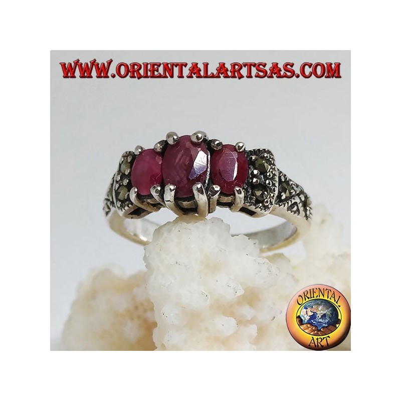 Silver ring with three natural oval rubies set and marcasite on the sides