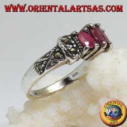 Silver ring with three natural oval rubies set and marcasite on the sides
