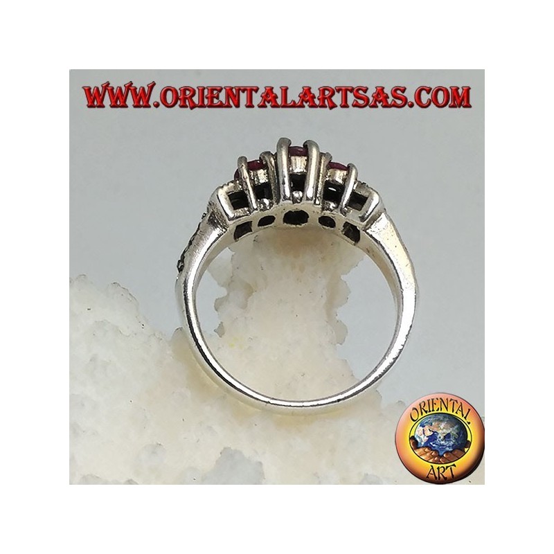 Silver ring with three natural oval rubies set and marcasite on the sides