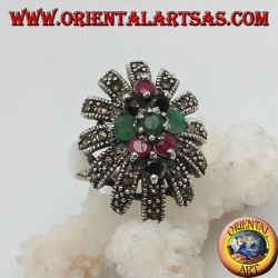 Silver ring with rhombus of emeralds, rubies and natural sapphires in a sun rounded with marcasites