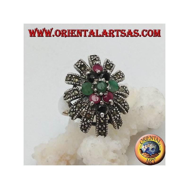 Silver ring with rhombus of emeralds, rubies and natural sapphires in a sun rounded with marcasites