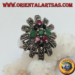 Silver ring with rhombus of emeralds, rubies and natural sapphires in a sun rounded with marcasites