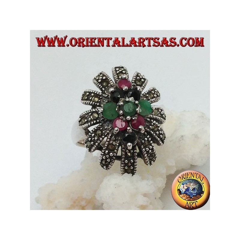 Silver ring with rhombus of emeralds, rubies and natural sapphires in a sun rounded with marcasites