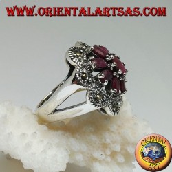 Silver ring with octagonal flower of natural oval rubies set and 8 semicircles of marcasite