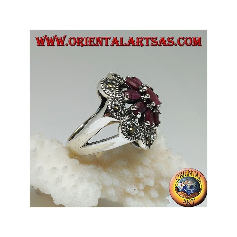 Silver ring with octagonal flower of natural oval rubies set and 8 semicircles of marcasite