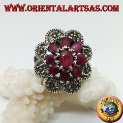 Silver ring with octagonal flower of natural oval rubies set and 8 semicircles of marcasite