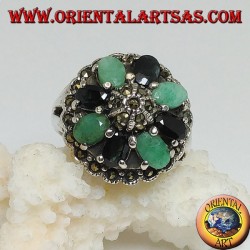 Silver ring with hemisphere surrounded by a circle of emeralds and oval natural sapphires set and marcasite