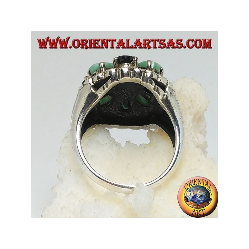 Silver ring with hemisphere surrounded by a circle of emeralds and oval natural sapphires set and marcasite