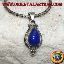 Silver pendant with a lapis lazuli drop cabochon surrounded by intertwining and three balls below