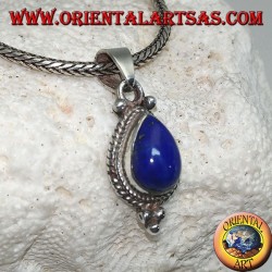 Silver pendant with a lapis lazuli drop cabochon surrounded by intertwining and three balls below