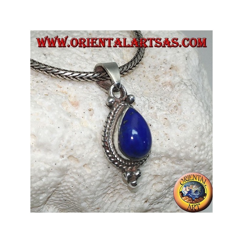 Ciondolo in argento con lapislazzulo cabochon a goccia contornato da intreccio e tre palline sotto