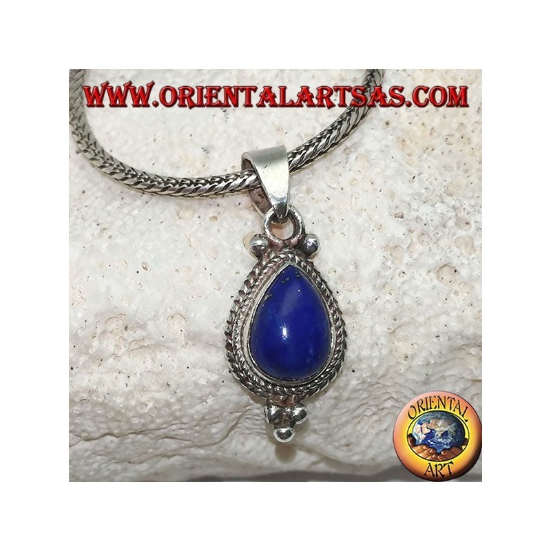 Ciondolo in argento con lapislazzulo cabochon a goccia contornato da intreccio e tre palline sotto