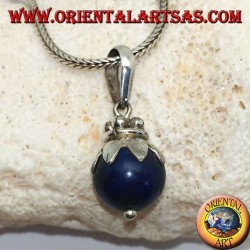 Silver pendant with fruit lapis lazuli sphere and leaves