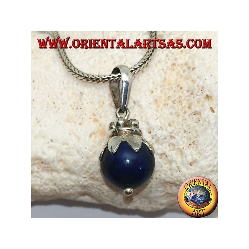 Silver pendant with fruit lapis lazuli sphere and leaves