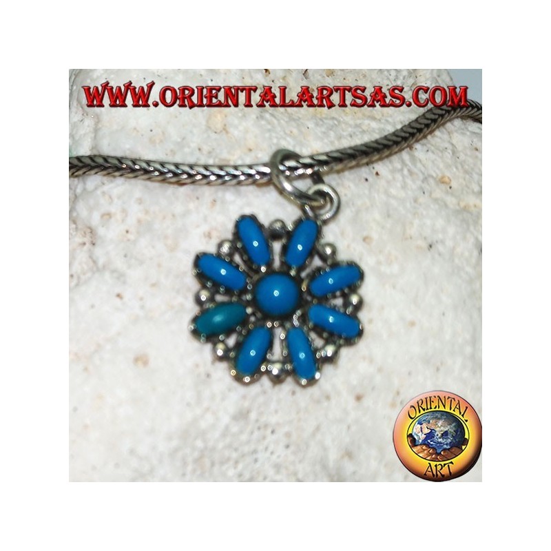 Silver octagonal flower pendant with oval turquoise and a round one in the center