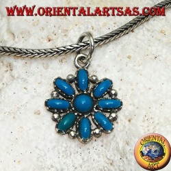 Silver octagonal flower pendant with oval turquoise and a round one in the center