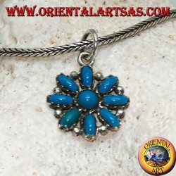 Silver octagonal flower pendant with oval turquoise and a round one in the center