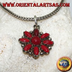 Silver pendant with an octagonal flower of oval corals and a round one in the center