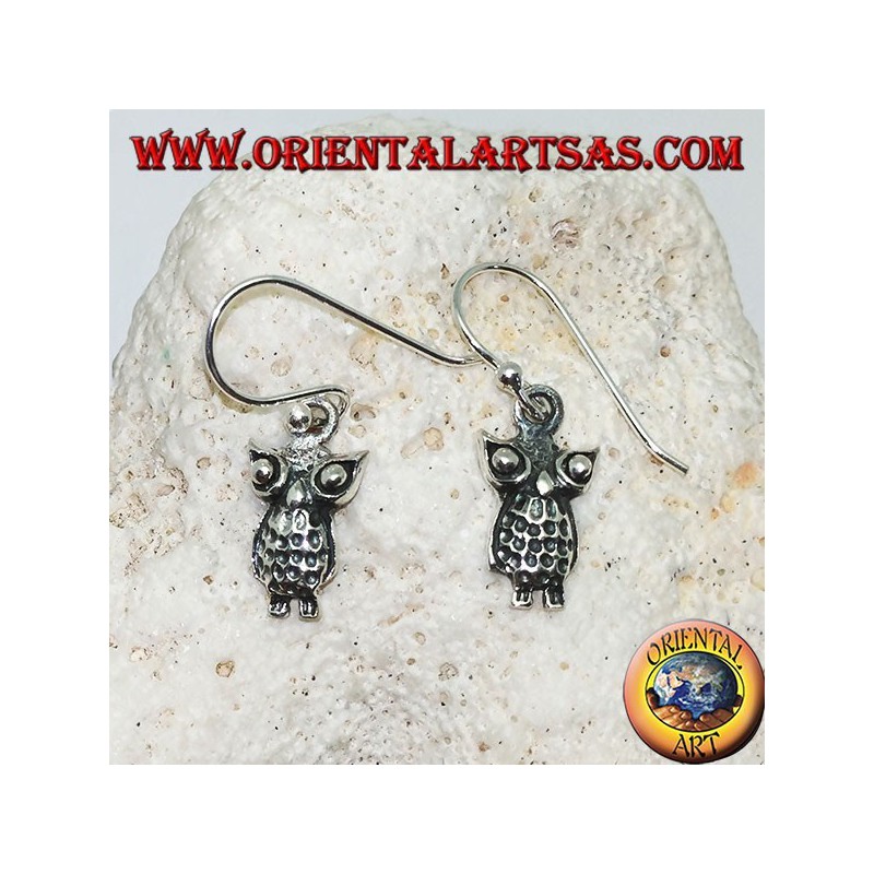 Dangling silver earrings with standing owl with protruding eyes