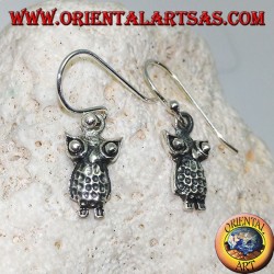Dangling silver earrings with standing owl with protruding eyes