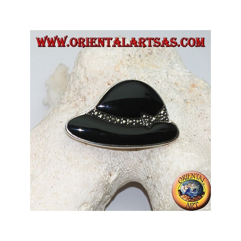 "Cloche" Hut geformte Silberbrosche aus Onyx und Markasit