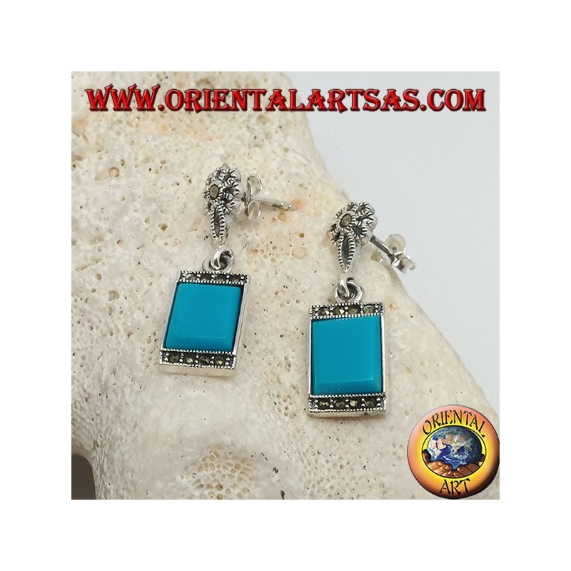 Pendientes de plata con turquesa rectangular y una hilera de piedras de marcasita arriba y abajo.