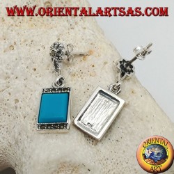 Pendientes de plata con turquesa rectangular y una hilera de piedras de marcasita arriba y abajo.