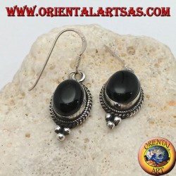 Silver pendant earrings with oval onyx cabochon surrounded by intertwining and three balls below