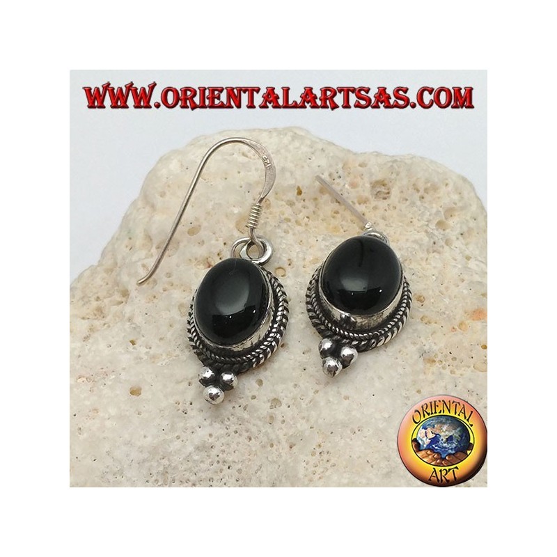 Silver pendant earrings with oval onyx cabochon surrounded by intertwining and three balls below