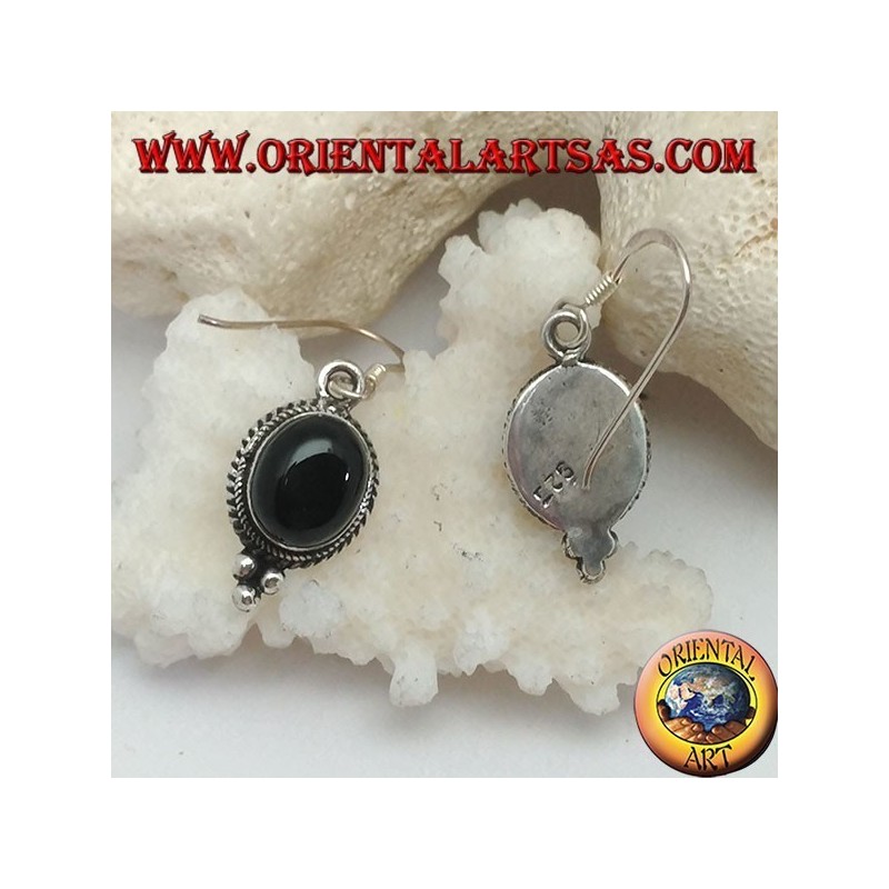 Silver pendant earrings with oval onyx cabochon surrounded by intertwining and three balls below