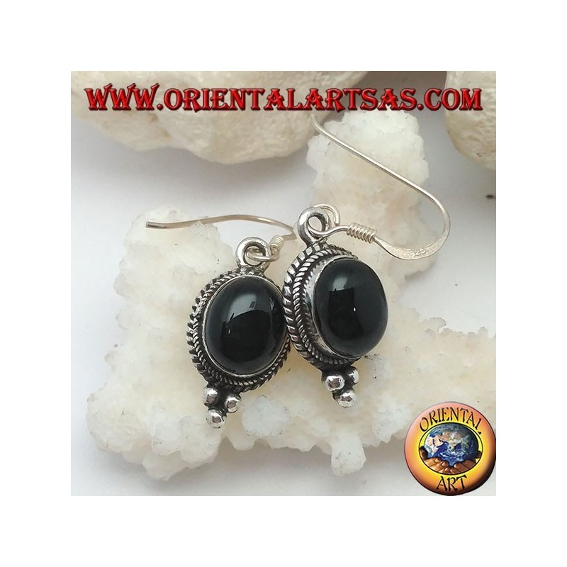 Silver pendant earrings with oval onyx cabochon surrounded by intertwining and three balls below