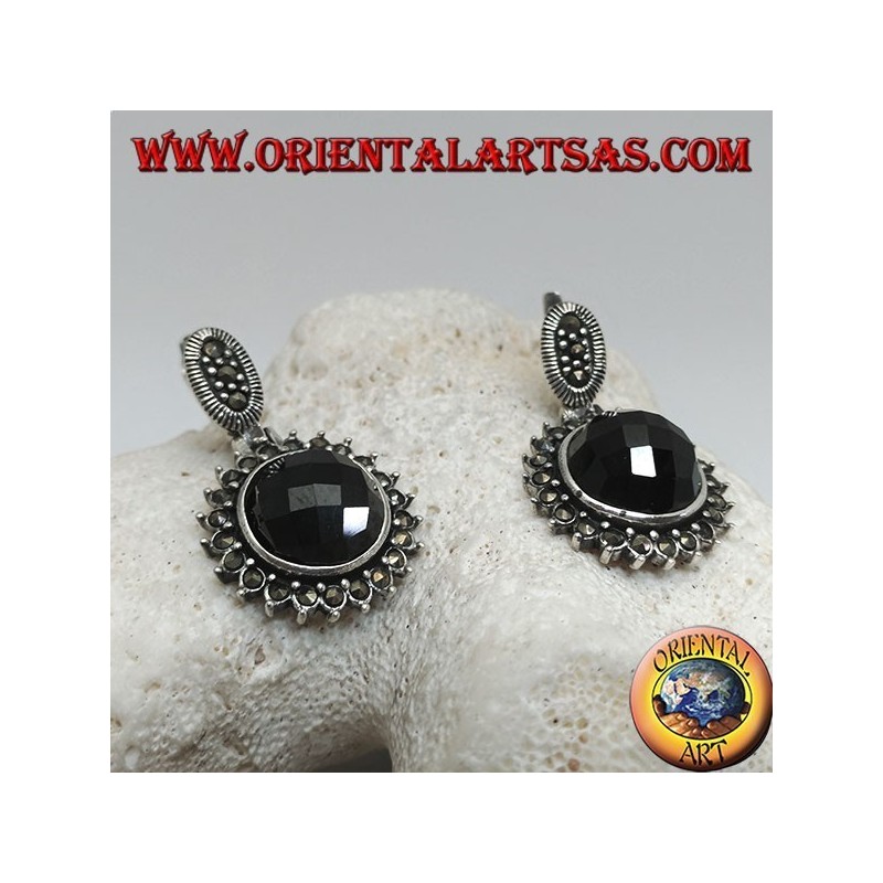 Silver earrings with faceted round onyx surrounded by marcasite and lever closure