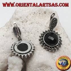 Silver earrings with faceted round onyx surrounded by marcasite and lever closure