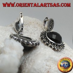 Silver earrings with faceted round onyx surrounded by marcasite and lever closure