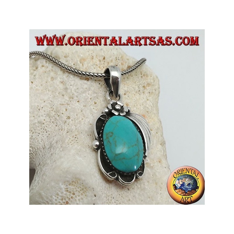 Silver pendant with large oval turquoise on a frame with flower and ribbon