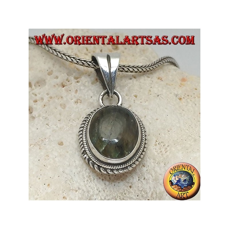 Silver pendant with oval labradorite surrounded by intertwining