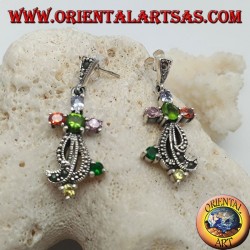 Boucles d'oreilles en argent avec ensemble de pierres semi-précieuses mixtes et marcassite