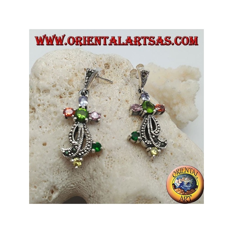 Conjunto de pendientes de plata con piedras semipreciosas mixtas y marcasita.