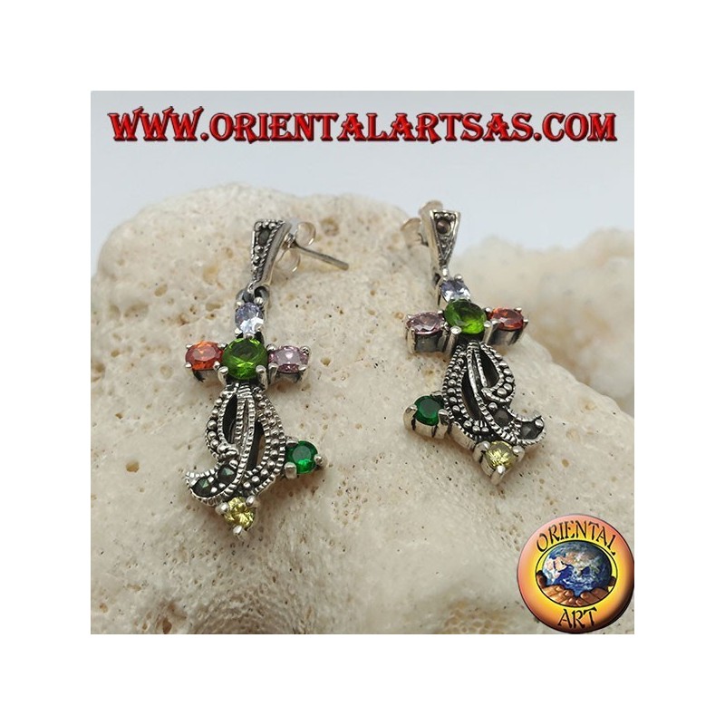Boucles d'oreilles en argent avec ensemble de pierres semi-précieuses mixtes et marcassite