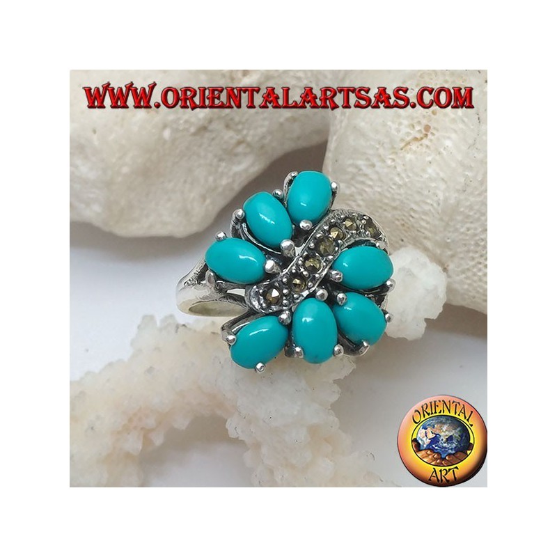 Silver ring with 7 oval turquoise set, divided by a marcasite wave line